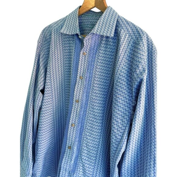 Robert Graham Mens Sz XL Blue Geometric Embroidered Flip Cuff Casual Dress Shirt - Picture 2 of 12